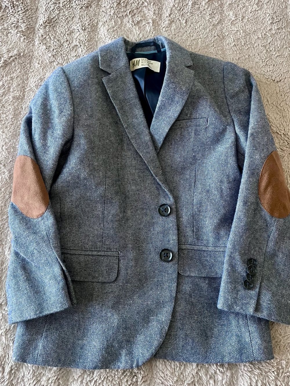 H&M Boys Blue Tweed Blazer with Brown Elbow Patches